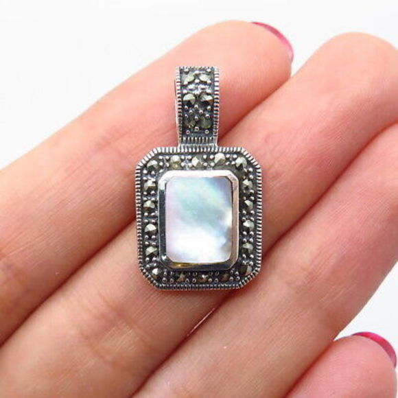 Jewelry - 925 Sterling Silver Vintage Real Mother-of-Pearl & Marcasite Gemstone Pendant